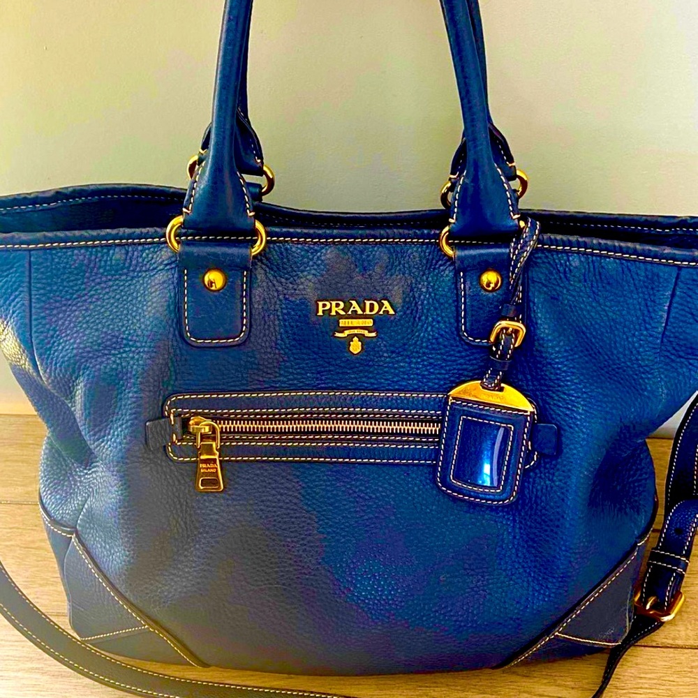 Authentic Prada Vitello Daino Two Way blue leather purse